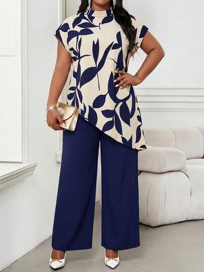 SHEIN Lady Plus Size Elegant Floral Print Asymmetric Hem Shirt And Pants 2 Pieces Set, Summer