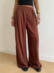 SHEIN EZwear 女士休闲系带阔腿西装裤，适合办公室和通勤穿着。 - 咖啡棕 - 查看 8