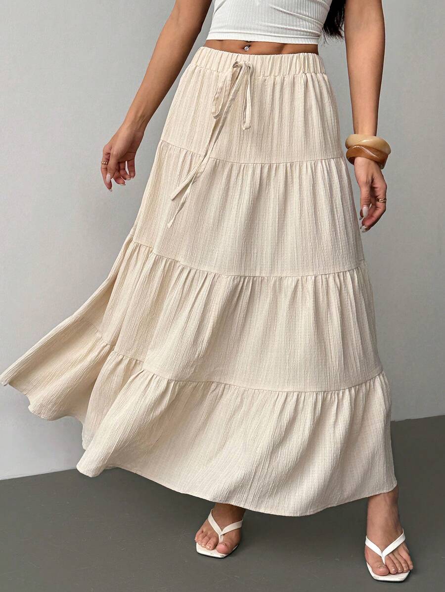 SHEIN PETITE Chân váy xếp tầng kiểu bánh kem dành cho nữ, trang phục thường ngày thanh lịch, đa năng cho mùa xuân/hè và thu/đông, thích hợp cho các kỳ nghỉ và hẹn hò. - Màu be - Xem 1
