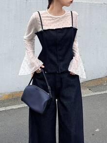 FRIFUL Bộ áo liền quần denim thời trang nữ - Màu xanh lam - Xem 8
