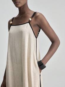 Ontre 2026SS New Linen Blend Dress For Women, Apricot Color Beaded Design Spaghetti Strap Dress With Contrast Stripe, A-Line Silhouette And Back Tie, Suitable For Tea Party, Independence Day, Date, Summer Vacation - Black and White - View 2