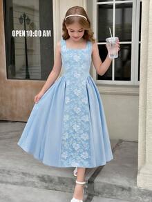 SHEIN Đầm bé gái tuổi teen mùa xuân/hè kiểu dáng thanh lịch, cổ điển, phối vải jacquard, cổ vuông, thắt eo, thích hợp cho cuối tuần, đi chơi, dạ hội tốt nghiệp, tiệc vườn, mùa cưới, tiệc sinh nhật, đầm màu xanh dương. - Màu xanh lam - Xem 7