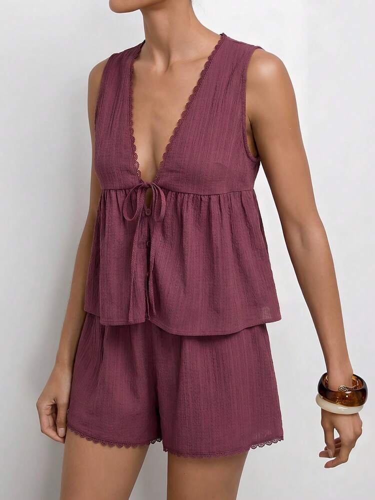 SHEIN Maija Women's Vacation Casual Solid Color Tank Top And Shorts 2 Pieces Set,Summer Outfits ,Festival Outfits ,Beach Outfit For Women,Casual Sets For Women