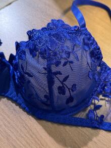 2pcs Mesh Embroidered Women's Lingerie Set - Royal Blue - View 4