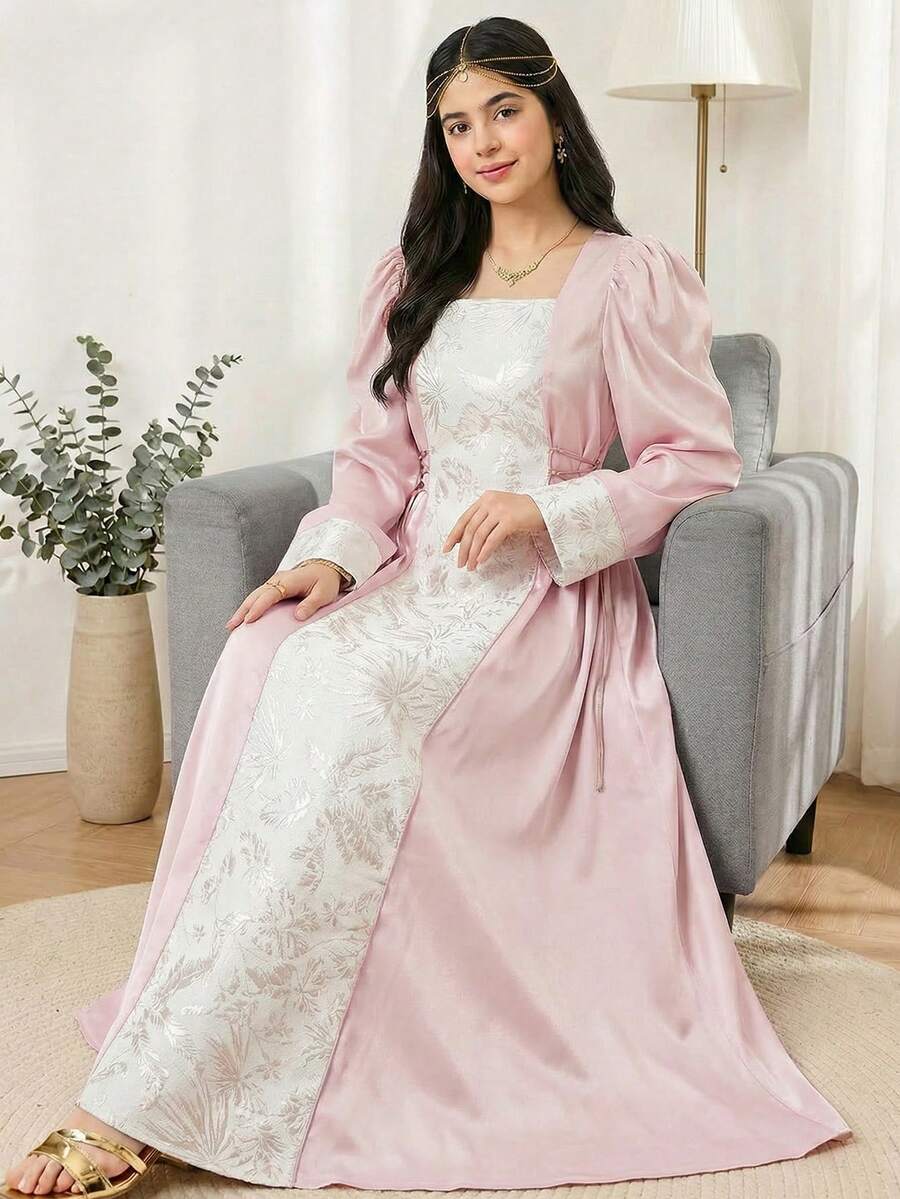 SHEIN Đầm dài tay thanh lịch màu hồng dệt họa tiết chắp vá jacquard cổ vuông, thắt eo dành cho thiếu nữ. - Hồng - Xem 1
