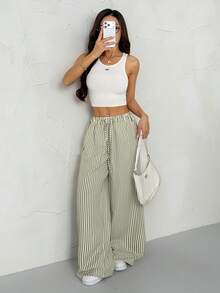 SHEIN PETITE Women's Drawstring Waist Striped Loose Wide Leg Casual Pants - Green - View 6