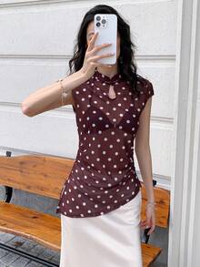 EastFlair Áo kiểu nữ tay ngắn in chấm bi, chất liệu mỏng, gợi cảm. - Cà phê nâu - Xem 7
