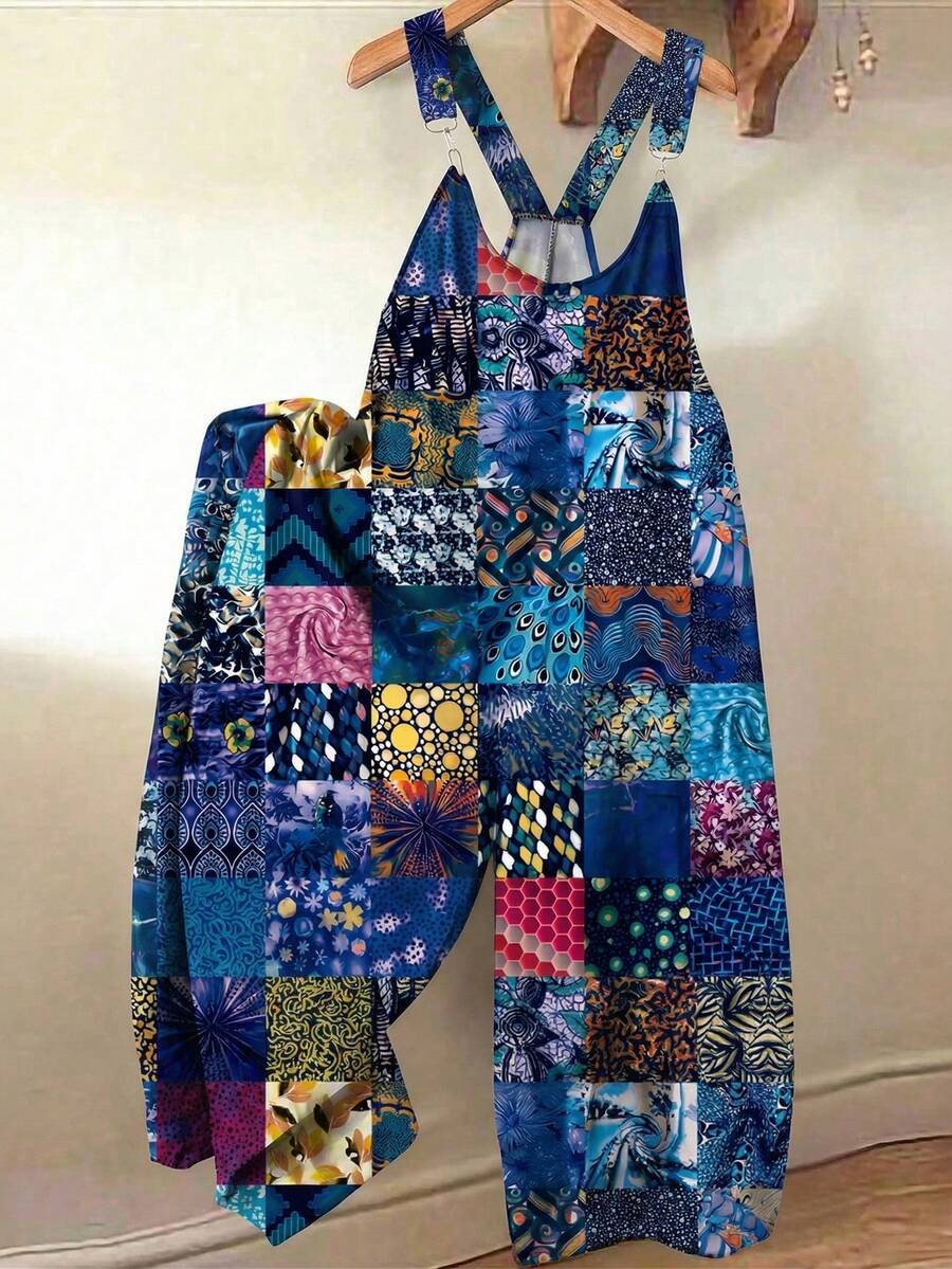 Linhara Bộ áo liền quần nữ cỡ lớn kiểu dáng bohemian in hoa, thích hợp cho kỳ nghỉ. - Màu xanh hải quân - Xem 1
