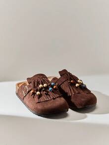 Solezae Zuecos de mujer con flecos de ante marrón y decoración de cuentas de colores - Retro, artístico y elegantemente chic. - Marrón - Ver 4