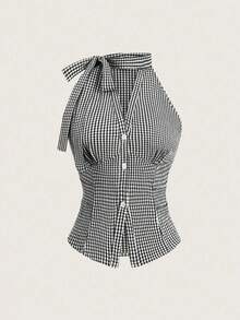 Resyla Spring & Summer Casual Fresh Niche Design Halter Tie Sleeveless Fitted Front V-Neck Open Placket Vertical Button Waist Cinched Pleated Women Blouse - Black - View 5