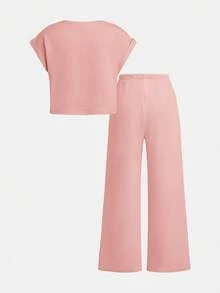 Tween Girls' Basic Casual Solid Color Knit Sleeveless Top And Pants Set, Spring/Summer - Pink - View 2