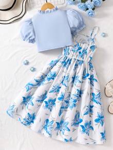 Bộ đồ 2 món dễ thương cho bé gái tuổi teen: Áo tay cánh hoa xếp nếp và váy in hoa. - Màu xanh lam - Xem 2