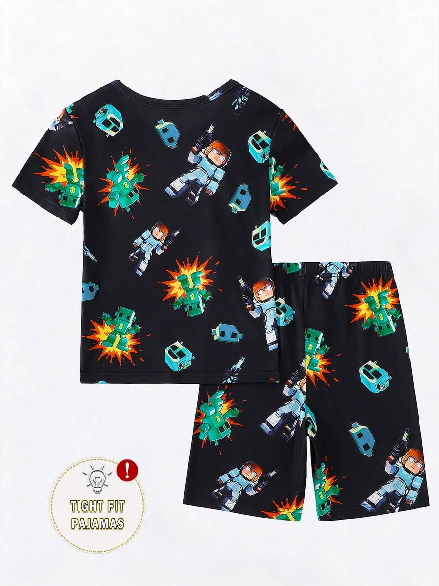 Set Piyama Ketat Lengan Pendek Leher Bulat Motif Huruf & Kartun untuk Anak Laki-Laki Musim Semi/Panas - Hitam - View 1