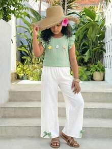 Tween Girl Green And White 2 Piece Set,Summer Cute 3D Flower Ruffle Sleeve Top And Wide Leg Pants,Tropical Vacation Holiday Daily Outfit For Kids - Green - View 5
