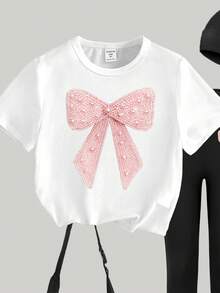 Bộ 2 món cho bé gái, gồm áo thun và quần legging in họa tiết nơ và ngọc trai, kiểu dáng thường ngày thanh lịch, thoải mái cho mùa xuân, hè và thu. - Nhiều màu - Xem 6