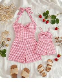 Mommy & Me Cute Plaid Bow Strap Romper For Summer - Hot Pink - View 1