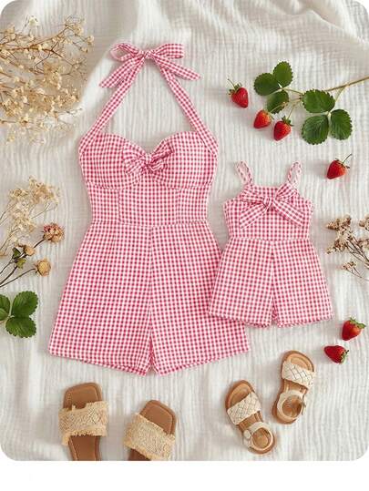 Mommy & Me Cute Plaid Bow Strap Romper For Summer
