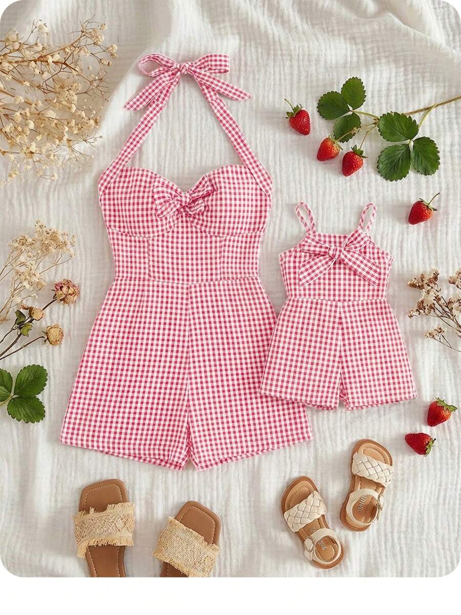 Mommy & Me Cute Plaid Bow Strap Romper For Summer - Hot Pink - View 1