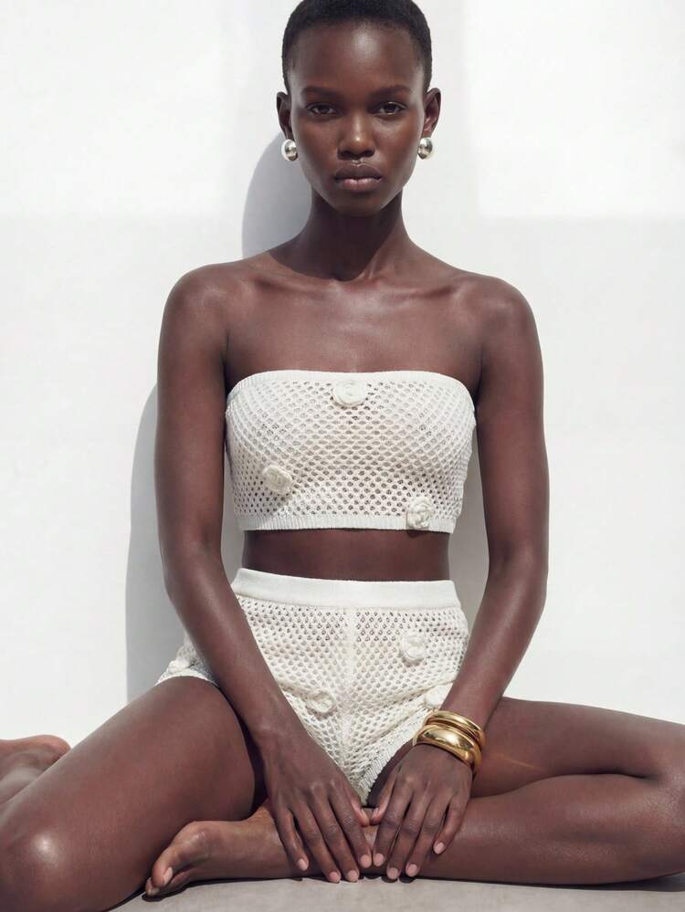 SHEIN Maija Women's Solid Color Swimsuit Set With 3D Floral Decor, Suitable For Beach Vacation Women Vacation Outfit Sets Woman Two Pieces Outfit Women's Summer Outfits Women's Holiday Co Ord Capri Women Two Pieces Crop Beach Vacation Outfits For Women