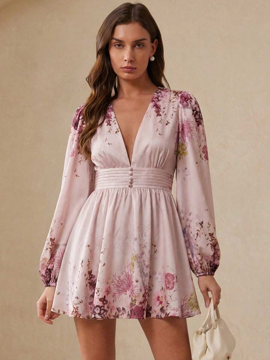 Aveloria Modichic 女士深V领印花褶皱腰身优雅迷你连衣裙,适合春夏婚礼、约会、派对和周末聚会。 - 粉色 - 查看 1
