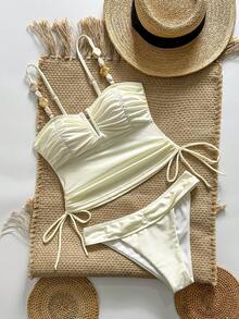 Swim Chiccia Bộ bikini 2 mảnh gồm áo tankini dài xếp ly và quần tam giác xếp ly, chất liệu vải đá mịn, thanh lịch. - Màu be - Xem 7