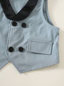 SHEIN 2pcs/Set Baby Boy Blue Summer Formal Wedding Guest Korean Style Contrast Color Double-Breasted Vest And Shorts Set,Suitable For Birthday Party,Baptism - Multicolor - View 3