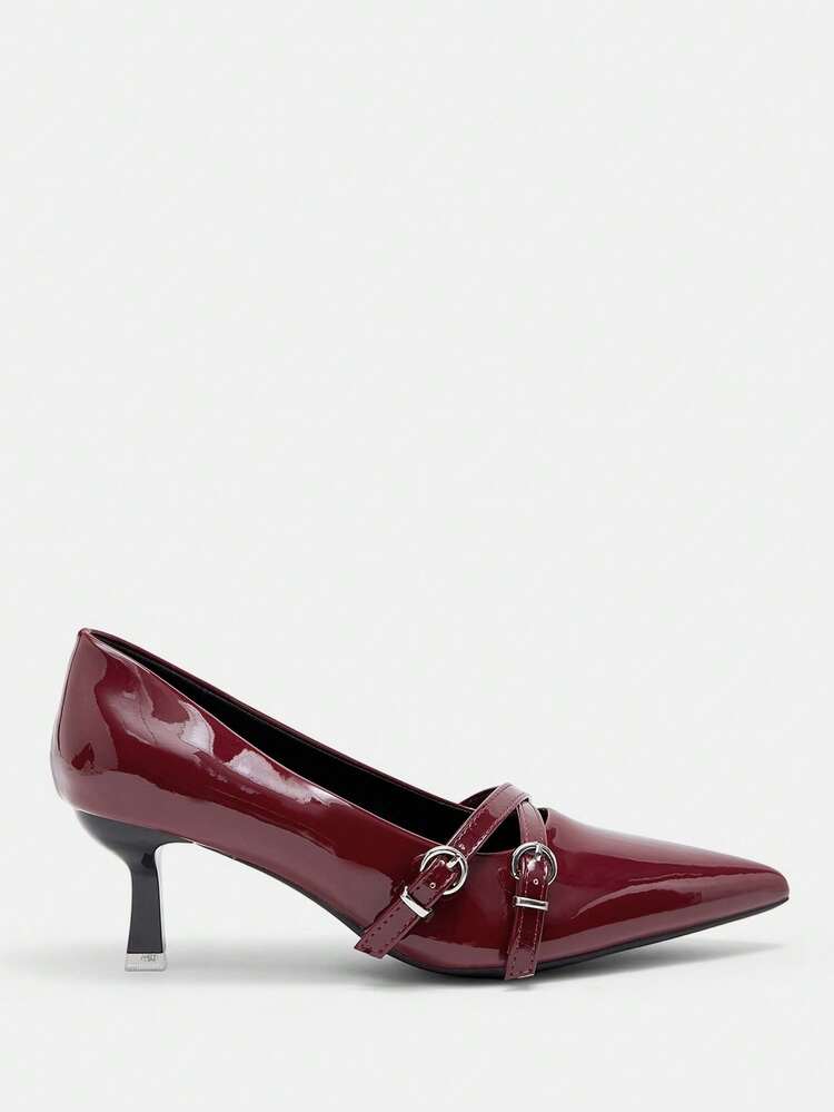 CUCCOO CURVES Women Shoes Wide Fit Fashion Pointed Stiletto Burgundy Cross Buckle Simple Classic Daily Comfort Fattened High Heel Women's Shoes Plus Size