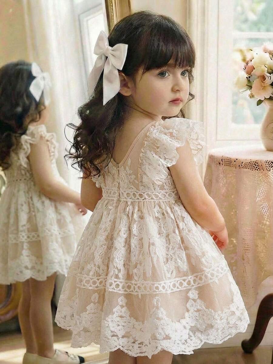 SHEIN Babygirl In A Cute And Elegant White Floral Mesh Dress With Flutter Sleeves. - White - View 1