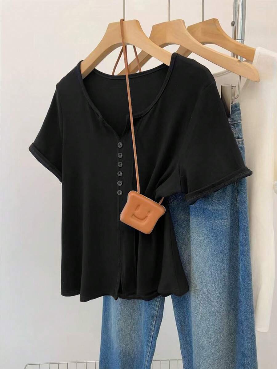 Franclia Plus Size Women Casual Retro Minimalist Romantic Button-Up T-Shirt - Black - View 1