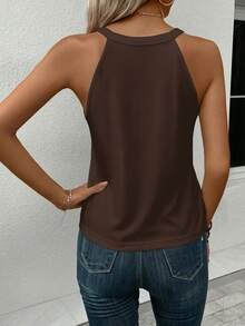 SHEIN LUNE 95% Cotton Women Casual Tight Halter Neck Camisole, Suitable For Summer - Coffee Brown - View 2