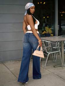 Jeanoix 女士休闲时尚街头风日常通勤中国龙刺绣低腰宽松阔腿牛仔裤，不含腰带 - 藍色 - 查看 2