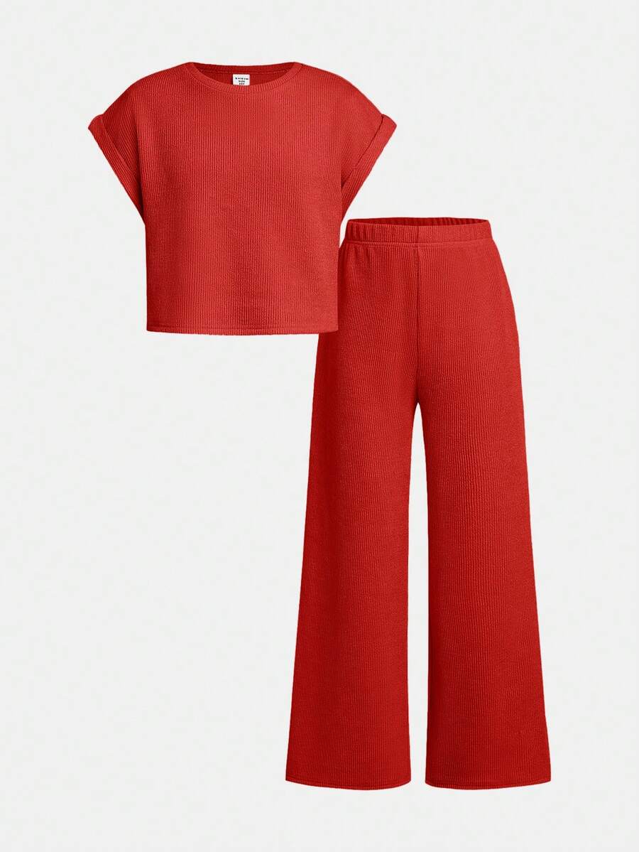Tween Girls' Basic Casual Solid Color Knit Sleeveless Top And Pants Set, Spring/Summer - Red - View 1