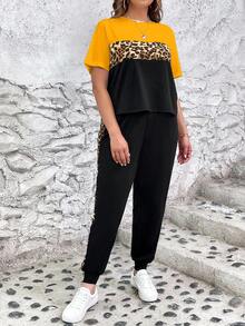 SHEIN LUNE Conjunto informal de 2 piezas de camiseta de manga corta y pantalones con estampado de leopardo y parches para mujer de talla grande - Multicolor - Ver 6
