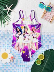 SHEIN Áo tắm liền thân in hình nhóm bé gái hoạt hình tối giản, màu tím rực rỡ, thích hợp cho mùa hè. - Nhiều màu - Xem 4