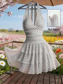 Franclia 女士夏季连衣裙，褶皱腰身，多层裙摆，女士蛋糕裙，针织网纱面料，露背吊带连衣裙，白色连衣裙，波点连衣裙，杏色派对连衣裙，吊带短款连衣裙，女士度假装，派对连衣裙，音乐节连衣裙，可爱连衣裙，温柔，知性，优雅，高端，优雅套装，通勤，日常，夏季，派对，海滩，约会，毕业典礼，商务办公，都市时尚百搭日常连衣裙 - 白色 - 查看 7