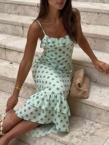Aloruh Women's Elegant Mint Green Slip Dress,Ruffled Hem Vintage Tea Party Dress,Polka Dot Cami Midi Sundress,Holidays Vacation Outfits For Summer,Prom - Multicolor - View 5
