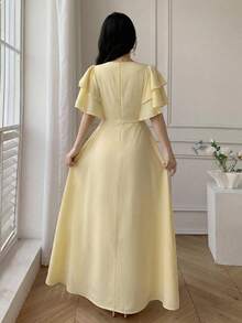 Celisse Round Neck Double Ruffle Sleeve Cinched Waist Back Zipper Long Dress For Women - Yellow - View 2