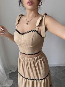 SHEIN Raffinéa 女士优雅无袖上衣和迷你裙套装 - 卡其色 - 查看 4