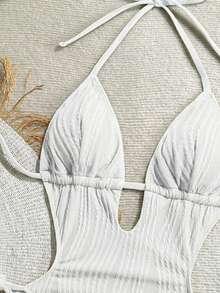 Soleia 女士橄榄绿针织提花纹理V领露背吊带沙滩连体裤 - 白色 - 查看 3