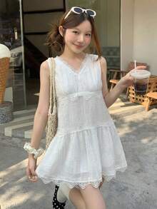 DAZY 春夏镂空蕾丝拼接连衣裙，白色休闲甜美少女情人节婚礼派对宴会舞会正式礼服，时尚派对修身优雅办公室迷你连衣裙女式太阳裙 - 白色 - 查看 5