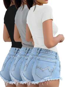 INAWLY 3pcs/Set Women's Basic Solid Color T-Shirt, Short Sleeve Tops - Multicolor - View 3