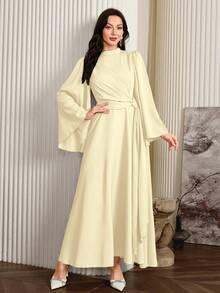 Modelyn Women Elegant Solid Color Bell Sleeve Arabic Dress, Autumn Long Evening Dresses - Yellow - View 6