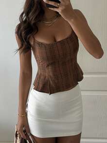 DAZY Áo tank top kẻ caro ôm eo, kiểu dáng thường ngày, thích hợp cho kỳ nghỉ hè, đi biển, dành cho nữ. - màu nâu - Xem 4