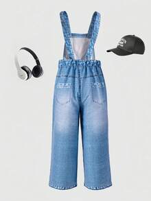 Pantalones de peto con estampado de cadena, conejo y letras para niña, artículo de vuelta al colegio, mono elegante para , verano y otoño - Azul - Ver 2