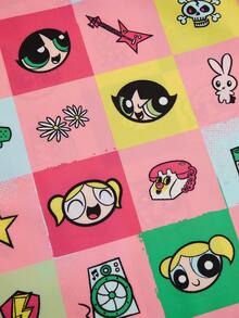 PopScrub THE POWERPUFF GIRLS X SHEIN 女士亮丽格子印花工作服上衣，舒适亲肤V领，带双口袋，制服款 - 彩色 - 查看 4