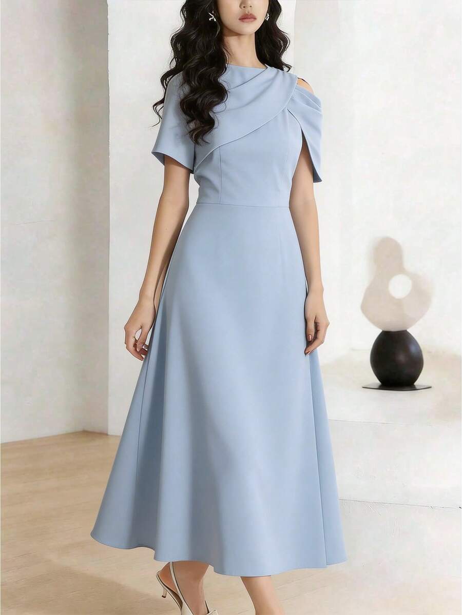Modelyn Women's Elegant Solid Color Waist Cinched Mid-Length Dress, Summer - Blue - View 1
