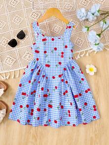Vestido casual de verano con estampado de cuadros azules y cerezas, decorado con moño, para niñas jóvenes - Azul - Ver 6
