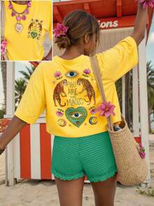 EMERY ROSE Áo thun nữ, áo thun tay ngắn in họa tiết phong cách đường phố thường ngày, áo mùa hè dễ thương. - Màu vàng - Xem 1