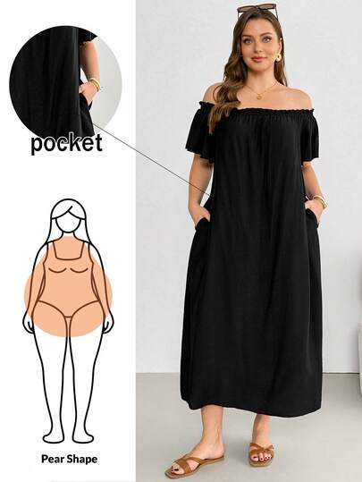 Shapeblank Plus-Size Women's Spring/Summer Fashionable Casual Loose Comfortable Everyday Cool Breathable Ruffled Short-Sleeved Off-Shoulder Black Pocket Midi Dress,Summer Clothes,Vacation Outfits,Simple Style,European Summer
