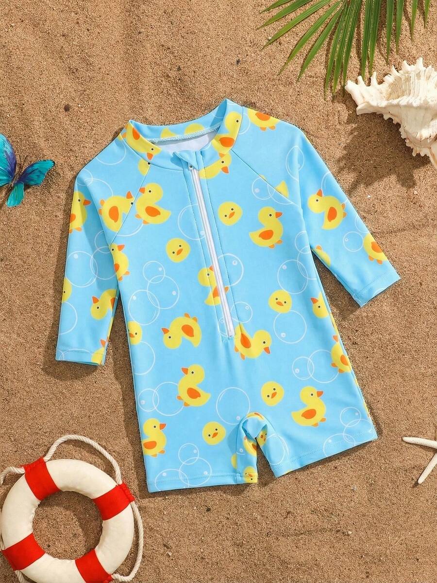 SHEIN Áo tắm chống nắng có khóa kéo phía trước cho bé trai sơ sinh/trẻ nhỏ, trang phục đi biển mùa hè. - Màu xanh lam - Xem 1